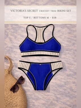 Victoria’s Secret Crochet Trim Blue Bikini Set Top S Bottoms M